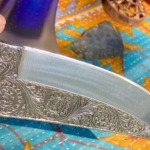 Engraved Stainless and Brass Knife. Custom Leather Sheath