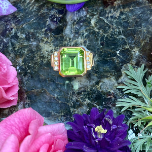 Burmese Neon Green Peridot Ring Diamonds 14k Yellow Gold