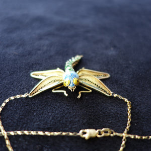 Enamel, 14k Yellow Gold, Hand Crafted, Victorian Dragonfly Necklace