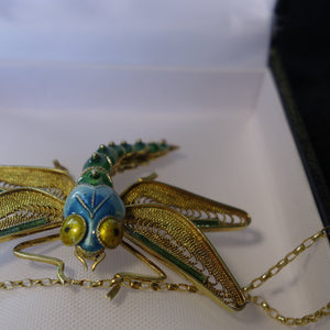 Enamel, 14k Yellow Gold, Hand Crafted, Victorian Dragonfly Necklace
