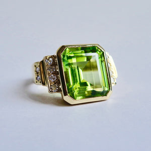 Estate Euro-Style Fabulous Burmese Peridot Diamond Ring, Size 8