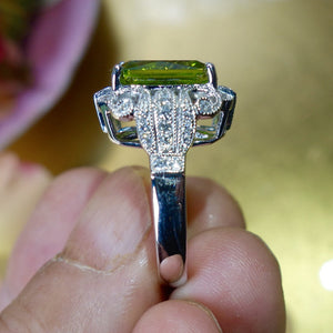 Radiant Cut High Himalayan (Pakistani) Peridot and Diamond Ring