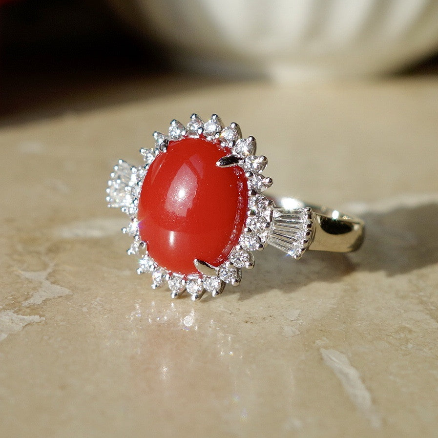 Sardinian Ox Blood Red Coral and .31 ct VVS Diamond Ring 18kwg size 5.5