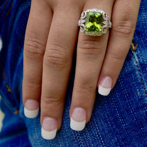 Peridot and Diamond Ring, 4.86 ct. Radiant Cut High Himalayan (Pakistani) Size 7
