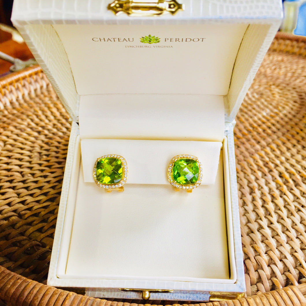 Burmese Peridot Earrings, Diamonds , Leaf Green, Lever-Back
