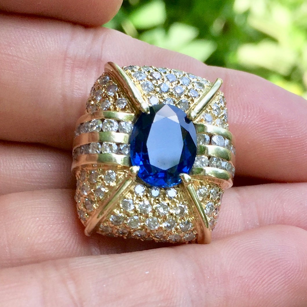 Royal Blue, 6.20+ ct. Sapphire Deco Ring 136 Near Colorless Diamonds 5+ ct. GIA Cert. Size 5.75