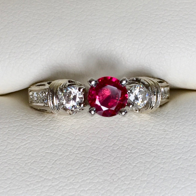 Ruby engagement Ring, Beautiful, .50 plus ct. with .70+ ct. diamonds in 14kwg