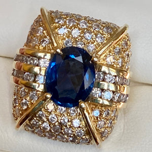 Royal Blue, 6.20+ ct. Sapphire Deco Ring 136 Near Colorless Diamonds 5+ ct. GIA Cert. Size 5.75