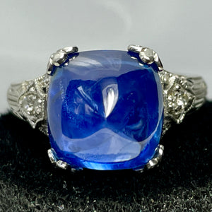 SOLD! 8.75 ct. Ceylon Blue Sapphire, Sugarloaf Platinum Diamond Engagement Ring