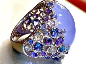 SOLD 40 Carat,  Lavender Jadeite Cabochon, Lots of  Diamonds & Sapphires in Custom Ring, 18KWG, Translucent, Deep Color, Eye Clean