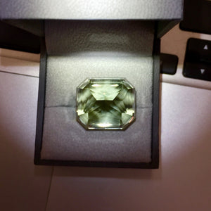 Back of gem. most expensive topaz Tussoan Imperial Green, Tzar's Royal Mines, 80 flawless, untreated carats